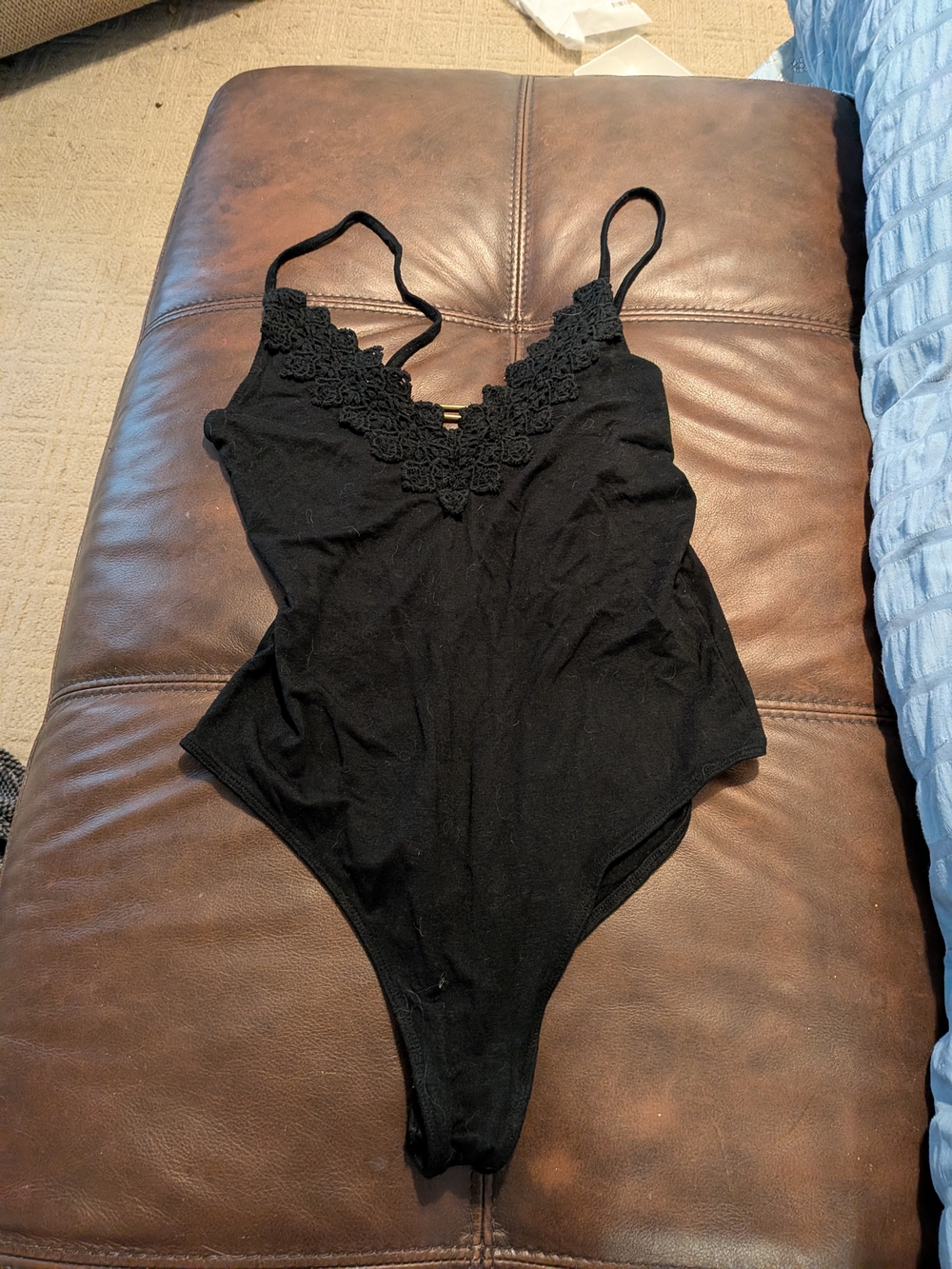 Free People Intimately Yours Black Lace Trim Bodysuit Sm/Med